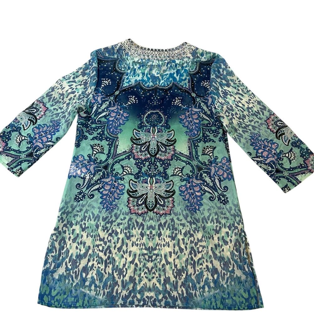 Chico's Blue Bedazzled, Funky Printed, Quarter Sleeve, Long Blouse- 00(0/2) - Picture 2 of 8